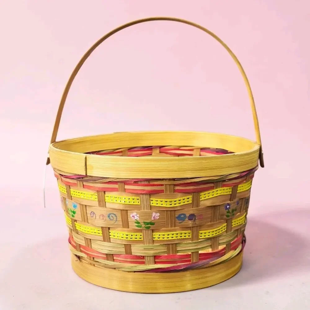 Vintage Woven Bamboo Easter Basket Hand Painted Floral 9.5